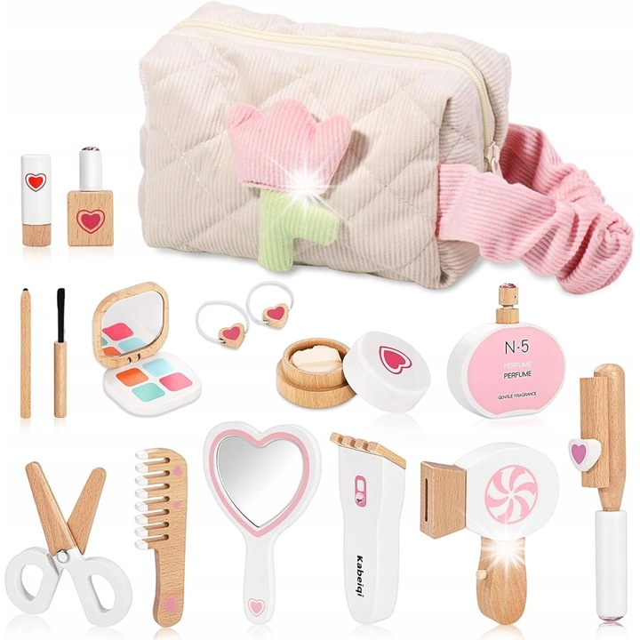 Set de machiaj din lemn pentru copii, 16 piese, cosmetice, multicolor, 3 ani+