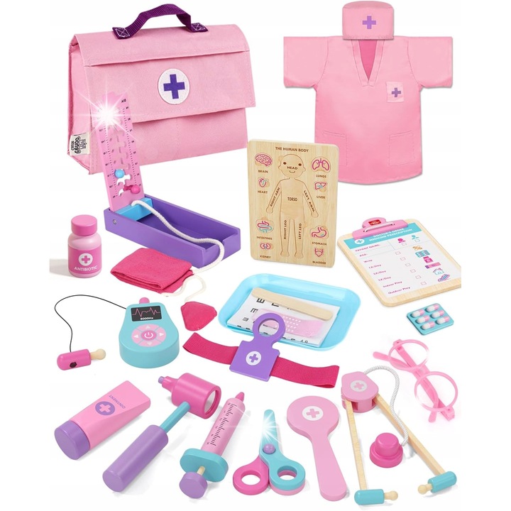 Set joaca doctor, 23 elemente, inclusiv stetoscop, cisnieniometru, puzzle anatomice, multicolor, pentru copii de la 3 ani