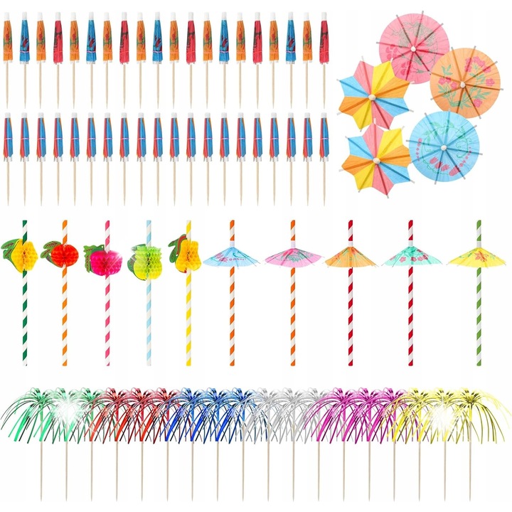 Set decorativ cocktail 160 piese, culori intense, stil tropical, pentru bauturi si deserturi