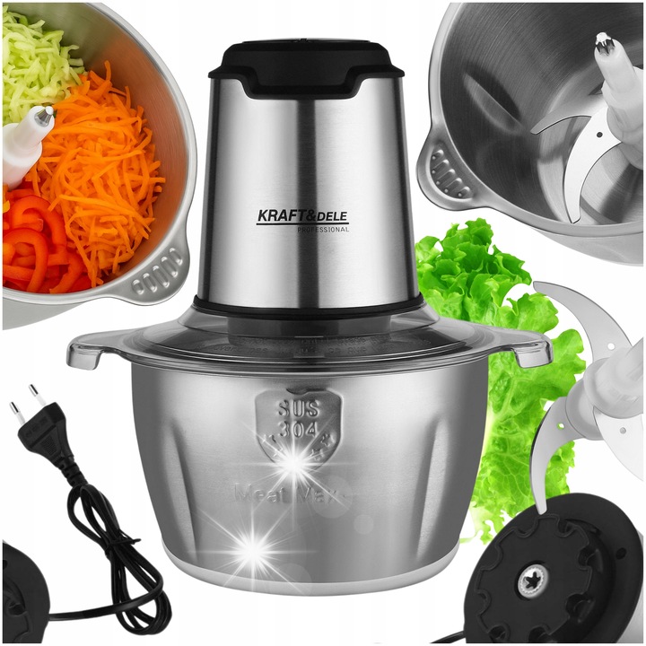 Razatoare electrica pentru legume si carne Kraft&Dele, 1000W, capacitate 2L, cu cutite din inox, set complet