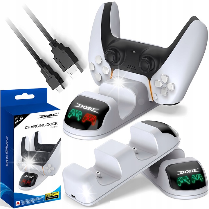 Statie de incarcare Dobe pentru 2 gamepad-uri DualSense, cablu USB - USB tip C, design modern