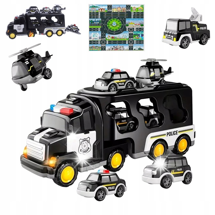 Set mare de politie 7 in 1 - Tir, Masini, Sunet si Lumina, Negru, 3-8 ani