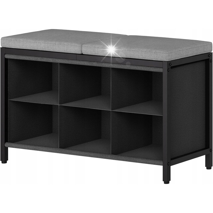 Dulap pentru pantofi, 6 compartimente, design modern, cadru negru, perne gri, 76x29x47cm