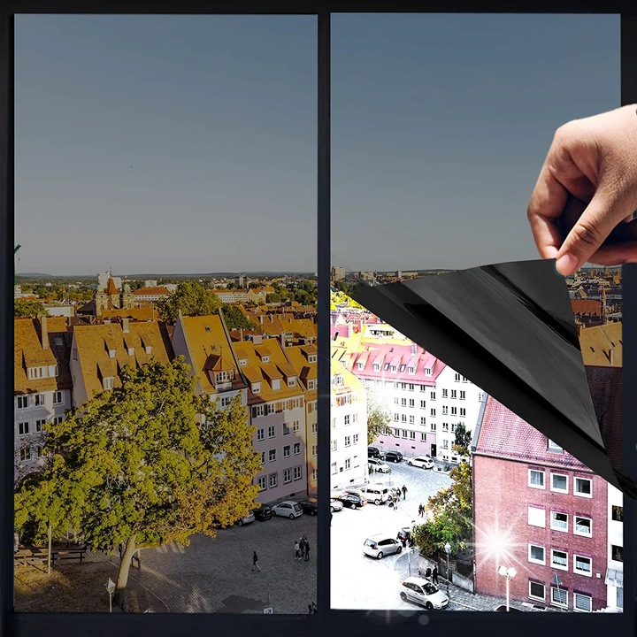 Folie de intunecare cu efect de oglinda, 110x100cm, negru magic, cu racleta si cutit de taiere