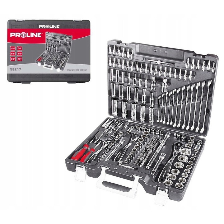 Set chei cu tubulare 217 piese, 1/4", 3/8", 1/2", 3.5-32 mm, cu chei fixe, Proline