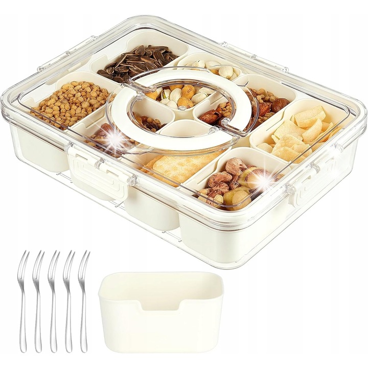 Cutie alimentara cu compartimente, 28x21x6,5cm, transparenta, 8 compartimente, 5 furculite din otel inoxidabil
