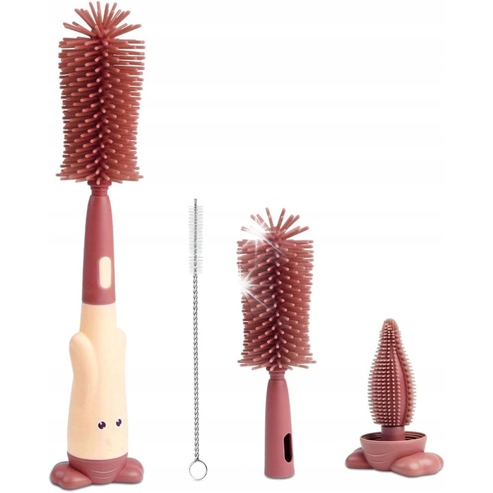 Perie universala pentru curatarea sticlelor 3 in 1, silicon, compacta, bej/mov