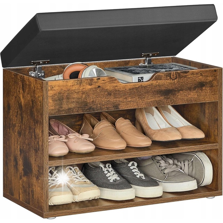 Cipőpad, 60x30x44cm, tárolóhellyel, 2 polc, barna