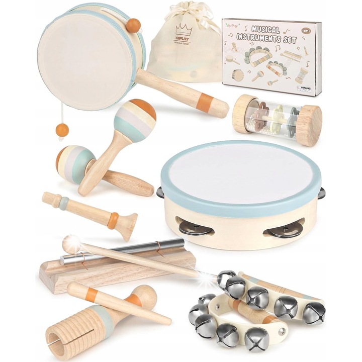 Zestaw instrumente muzicale pentru copii, 8 piese, din lemn, multicolor, 1-5 ani