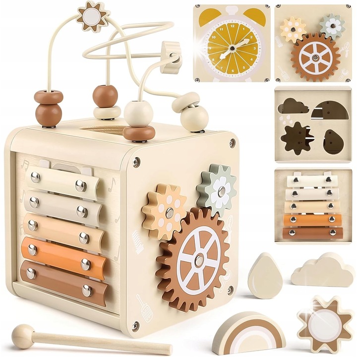 Fából készült motoros kocka, 5 az 1-ben, oktató játék, többszínű, 2-3 év