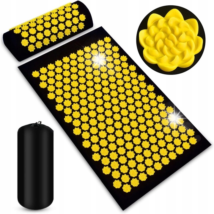 Set saltea/perna pentru presopunctura, 68x44x2,5cm, Negru/Galben