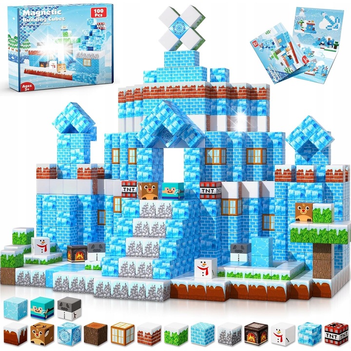 Комплект магнитни блокчета за конструиране, 100 елемента, 20 цвята, безопасни за деца над 3 години