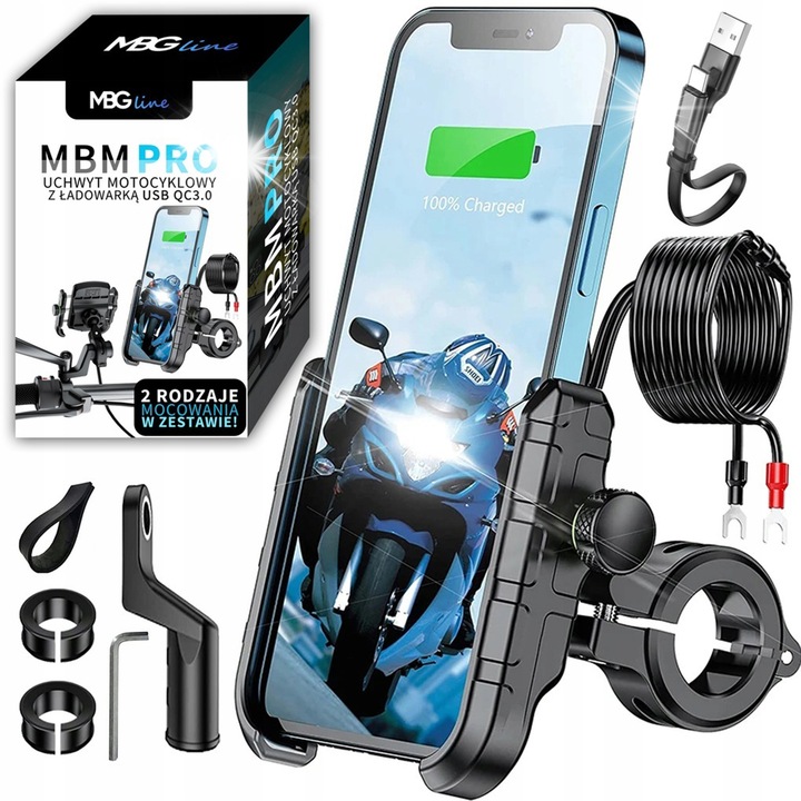 Поддръжка за мотоциклет за телефон MBG line MBM PRO, USB порт QC3.0, черен