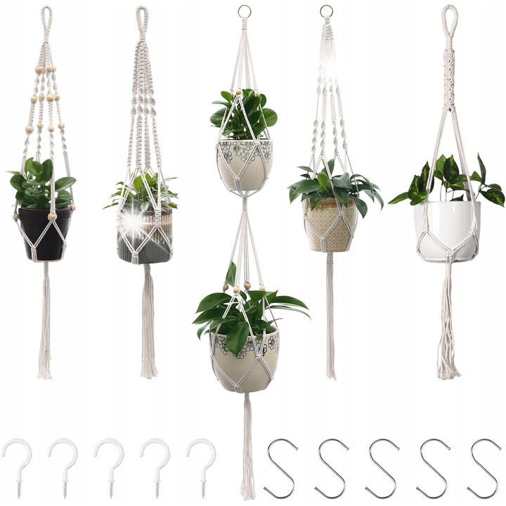 Set 5 suporturi suspendate pentru plante din bumbac, diverse dimensiuni, stil Boho, pentru interior si exterior