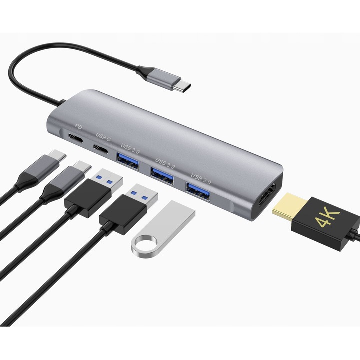 Hub USB-C 6 in 1, 3x USB 3.0, HDMI 4K, aluminiu, 16cm