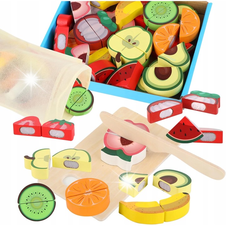Set jucarii din lemn pentru copii, fructe de taiat, multicolor