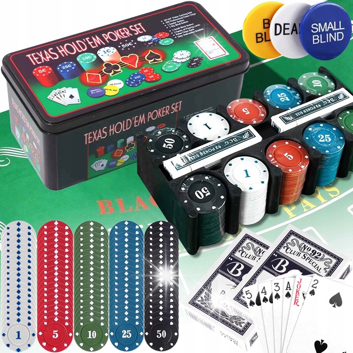 Комплект за покер премиум, 2 комплекта карти, 200 жетона, зелена маса, метална кутия