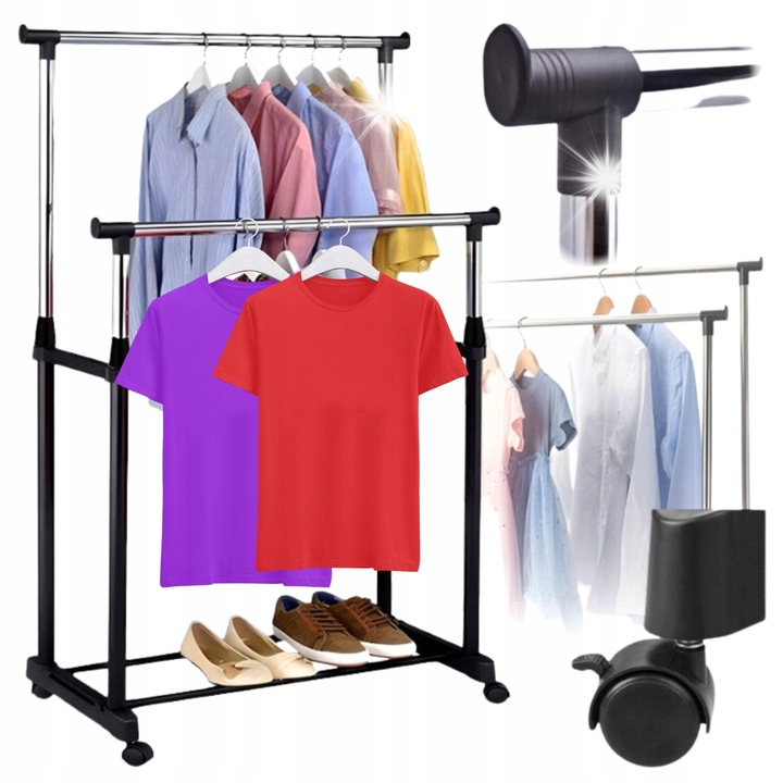 Umeras dublu pentru haine, stabil, inaltime reglabila 75x140cm, 69cm latime, 4 roti, plastic si metal