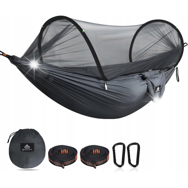 Hamak turistic ultrausor cu moskitiera, 300kg capacitate, 2,7x1,4m, set cu accesorii