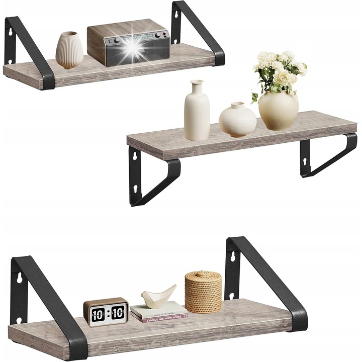 Set 3 rafturi de perete, gri, lemn
