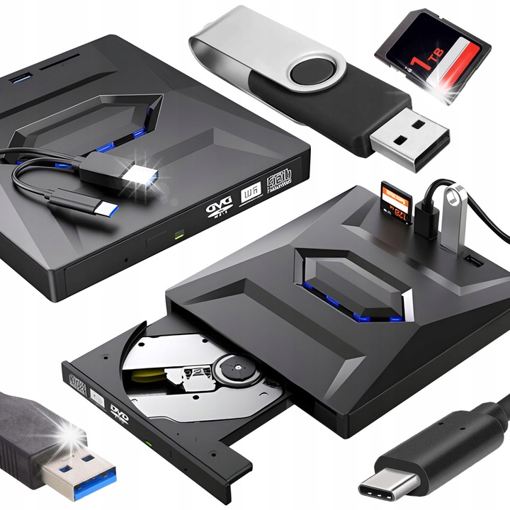 Unitate optica externa CD/DVD RW 5w1, USB 3.0, cititor carduri SD/TF, neagra, compacta