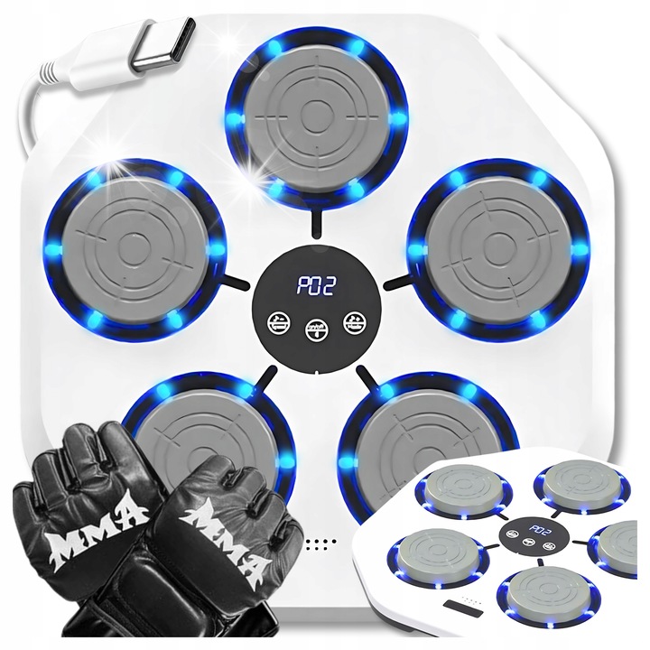 Aparat box cu Bluetooth, 9 moduri de antrenament, iluminare LED, alb, 430x430x85mm, set complet cu manusi si cablu de incarcare