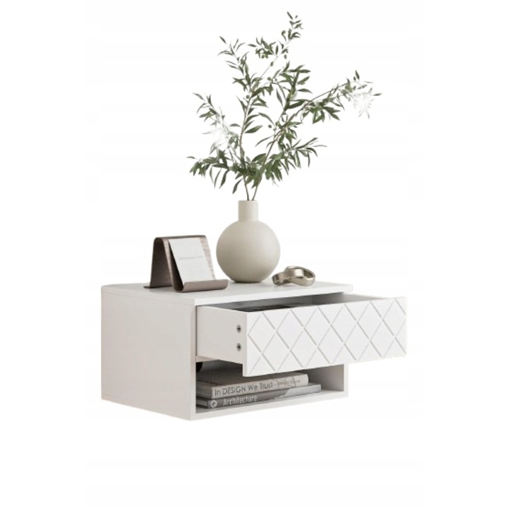 Stolik Nocni Montat pe Perete, Alb cu Accente Naturale, 28x39x39cm, Set cu Instructiuni de Montaj