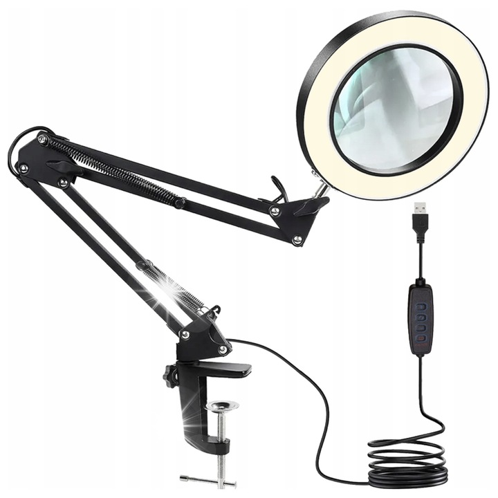 Настолна лампа с козметична лупа LED, 10,5см, 14W, 10 степени на интензитет, бяла, пълен комплект