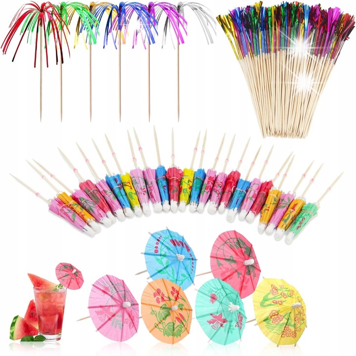 Set decoratiuni cocktail 200 bucati, multicolor, bambus si hartie, pentru bauturi si torturi