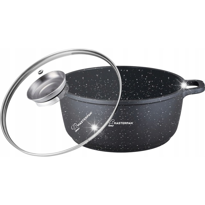Oala din aluminiu cu acoperire marmoasa Masterpan, 24cm, 4,5L, pentru toate tipurile de plite, cu capac din sticla