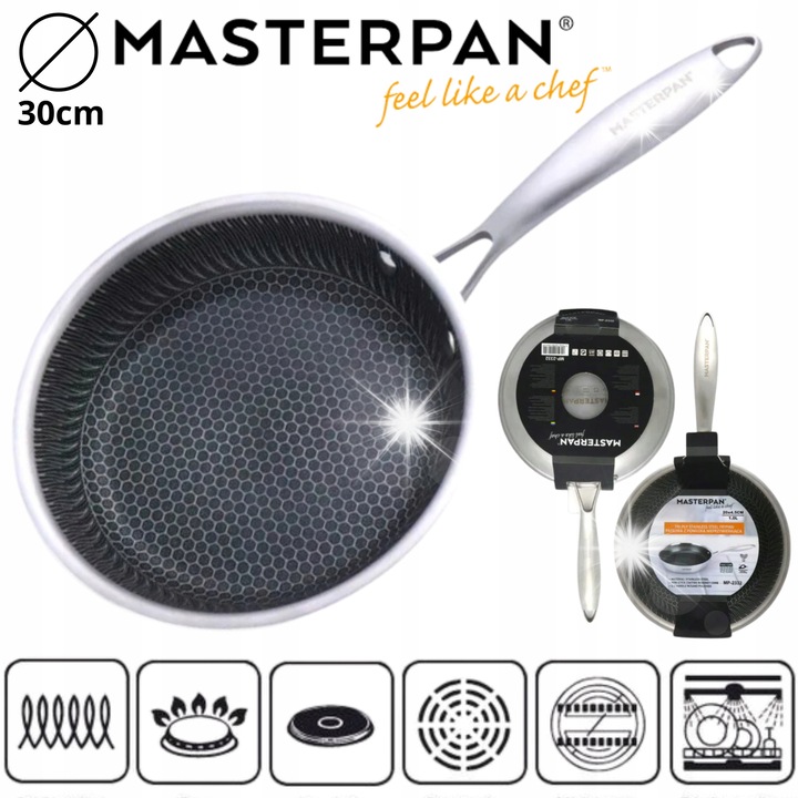 Tigaie din otel inoxidabil 30cm, neaderenta, tehnologie plasa de miere, 3.0L