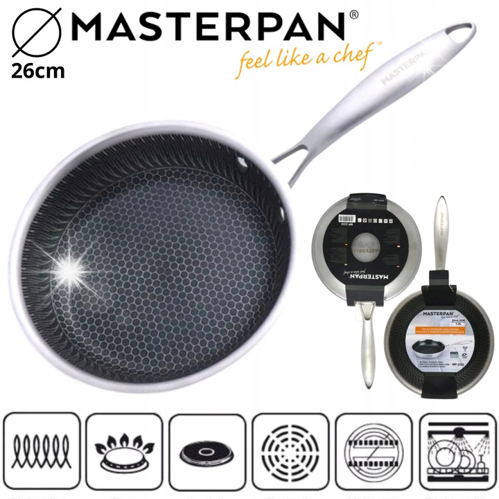 Tigaie din otel inoxidabil 26cm, neaderenta, tehnologie plasa de miere, 2.1L