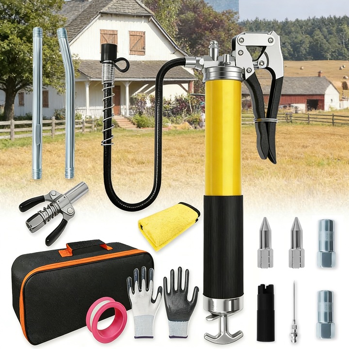 Pompa de gresat manuala, Wacorresi, Set de 14 piese de pistoale multifunctionale pentru ungere, Cu un furtun cu arc de 18 inch, 2 furtunuri de 12 inch, 2 fitinguri, 1 tub de extensie, 3 duze, galben