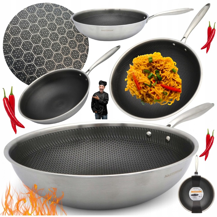 Tigaie WOK din otel inoxidabil, 32cm, capacitate 4.8L, neaderenta, design plasa de miere