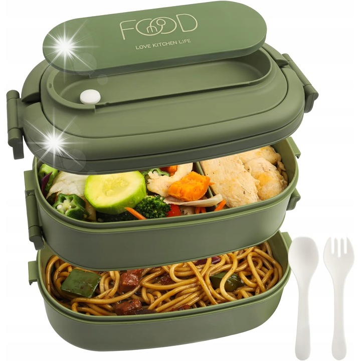 Кутия за храна, 1550 мл, 2 нива, зелена, комплект с лъжица и вилица