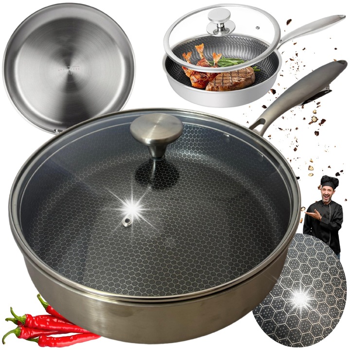 Tigaie din otel cu capac, hexagonala, 28x7cm, neagra