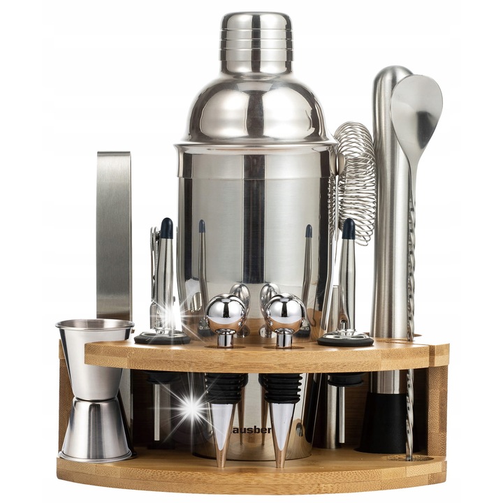 Set barman 12 piese, shaker 750ml, accesorii din inox, suport bambus