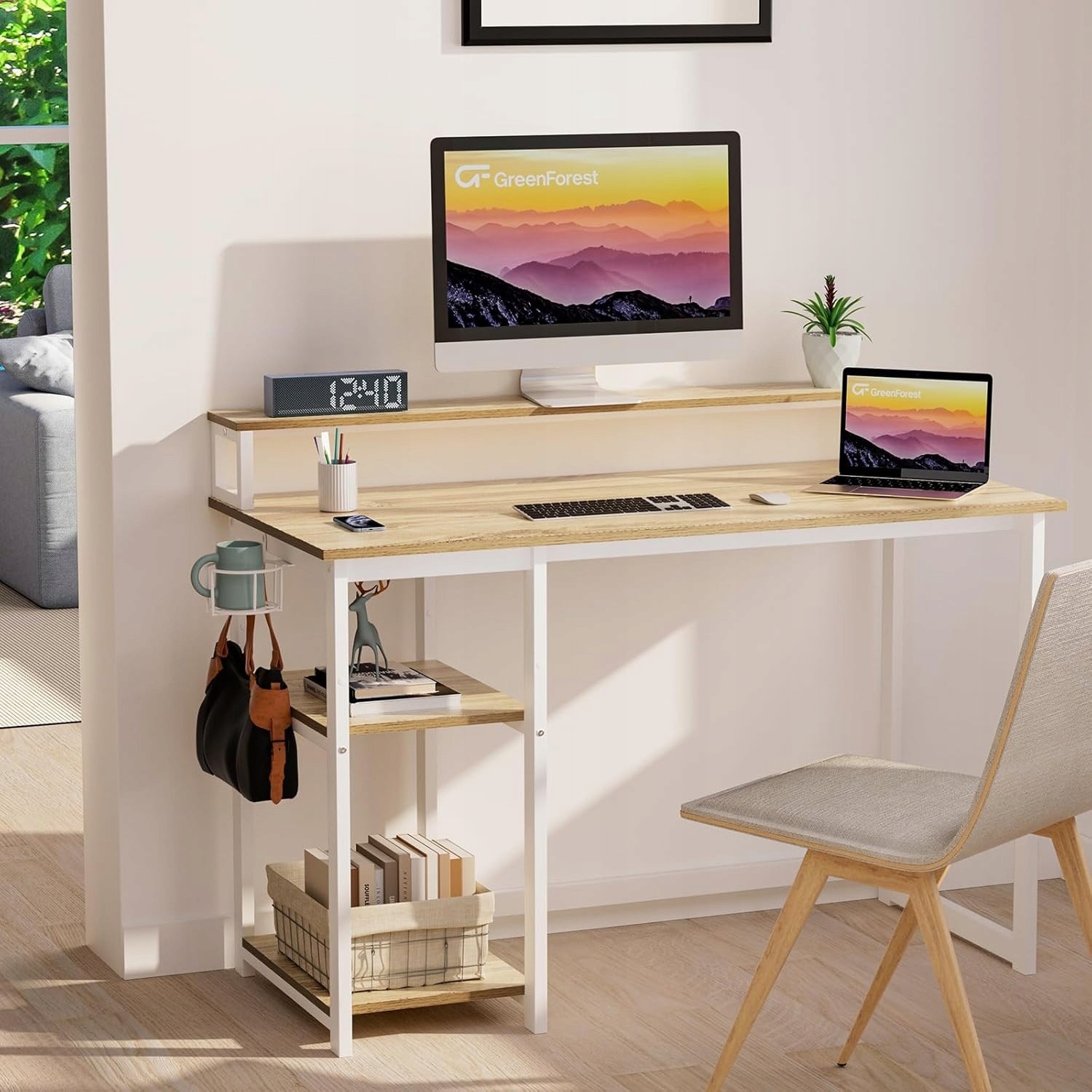 Birou Computer Birou computer 100cm, suport monitor, 2 polite reversibile, bej ...
