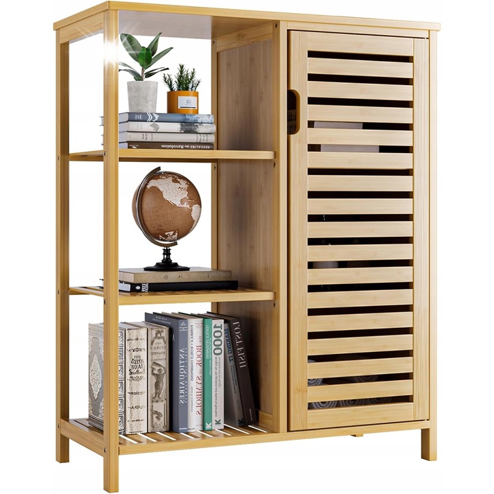 Шкаф за баня от бамбук, 70x33x85см, 2 затворени рафта, 3 отворени рафта, цвят естествен бамбук