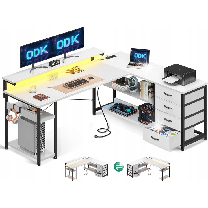 L-alakú gamer asztal, fehér, 155x112x91,2cm, 4 fiók, LED világítás, beépített tápegység