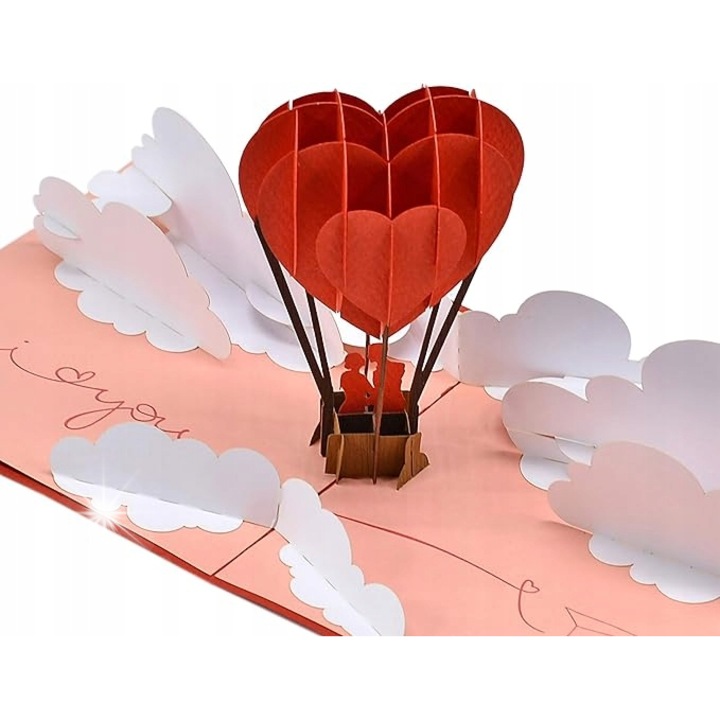 Felicitare 3D, balon cu aer cald si pereche in nori, 15x15cm, set cu mesaj personalizat si plic, realizata manual, ecologica