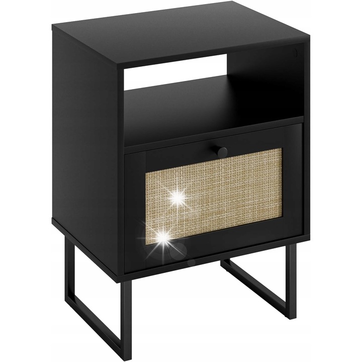 Stolik Nocni Boho, 40x30x56cm, Negru cu Stejar Natural, 1 Suflada, 1 Pola Deschisa