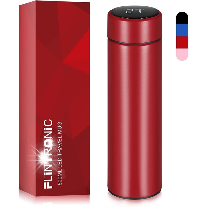 Sticla termica cu display LED, 500ml, inox 304, rosu