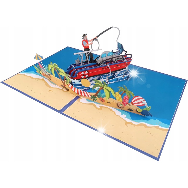 Felicitare 3D Pop Up, motiv pescar pe barca, set cu plic si accesorii, 15x20cm