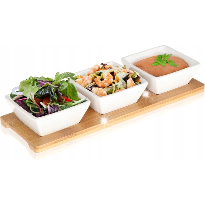 Комплект от 3 порцеланови купи с бамбукова тава, бял/бежов