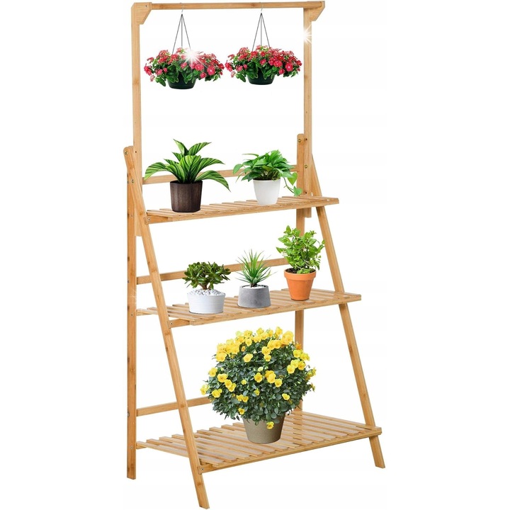 Бамбукова поставка за цветя, 3 нива, естествена, 70x40x103-143см