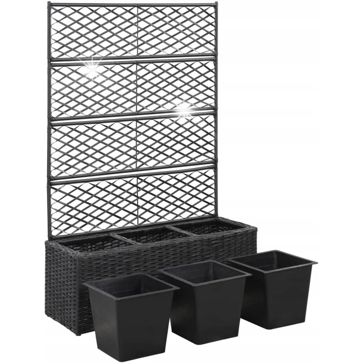 Ghiveci de flori cu suport, 3 inserturi, polirattan, negru, 83x30x130cm