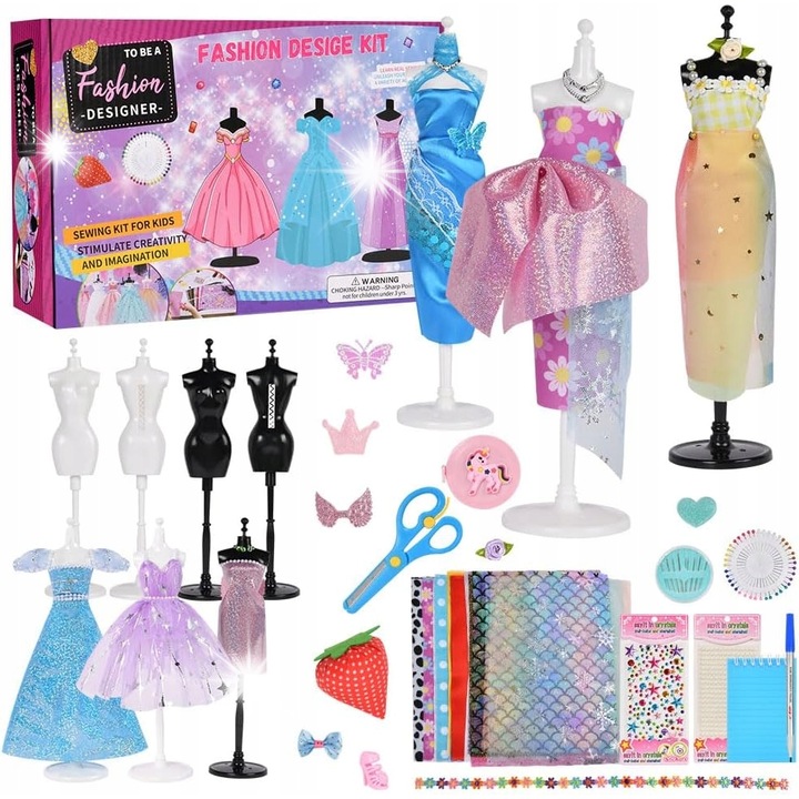 Gyermek ruhaipari tervező készlet, 60+ elemes, többszínű, 35x25x7cm