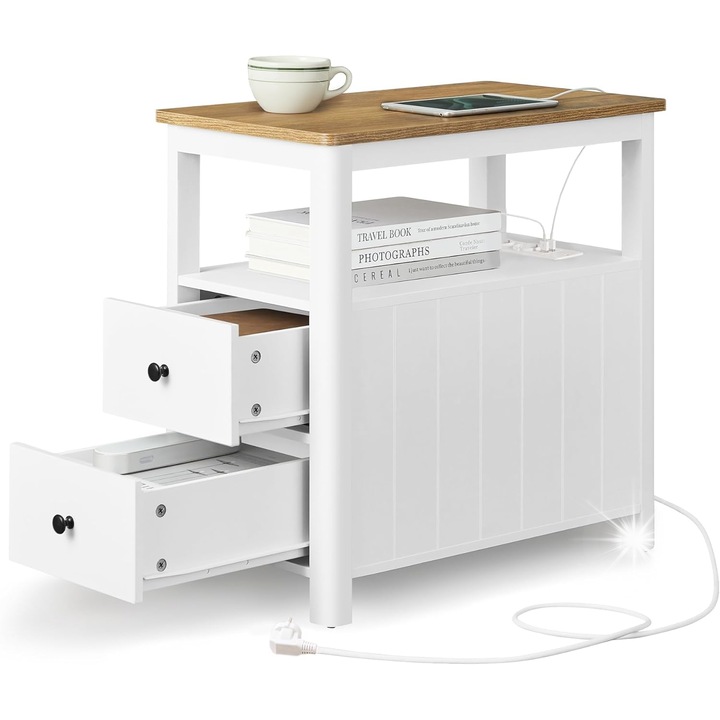 Noptiera, alb, 60x35x60cm, cu 2 sertare si priza integrata