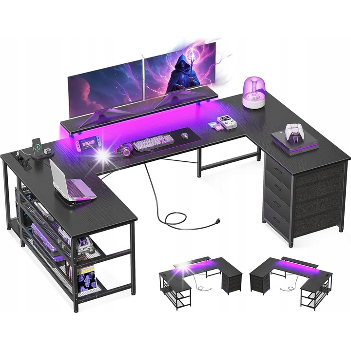 Геймърско бюро, 167x102см, 4 чекмеджета, LED осветление, черно, пълен комплект